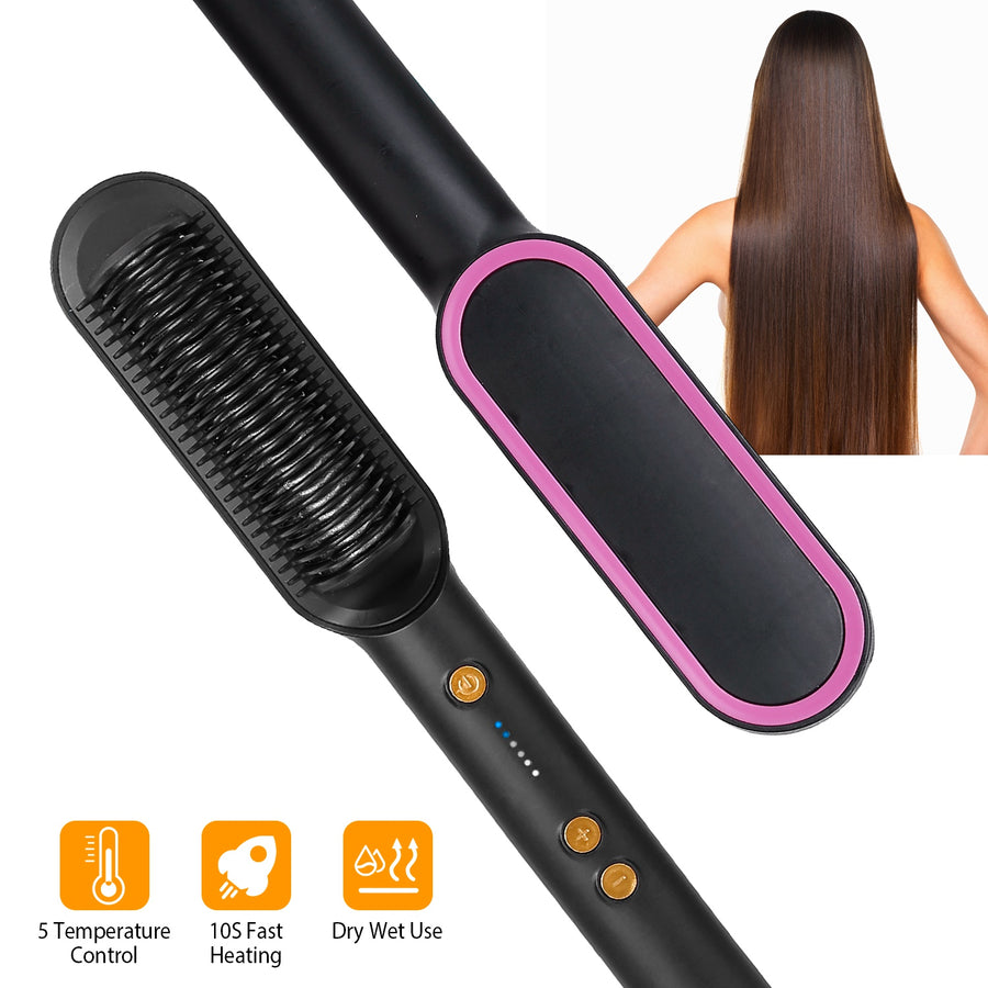 Electric Hair Straightener Brush Straightening Curler Brush Hot Comb 5 Temperature Adjustment 10S Fast Heating