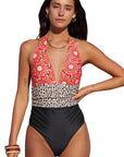 Multicolor Floral Leopard Halter Backless One Piece Swimsuit