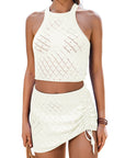 White Hollowed Crochet Cropped Two Piece Beach Cover Up