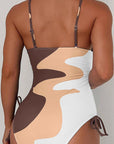 Khaki Printed Color Block Drawstring Sides One Piece Swimsuit