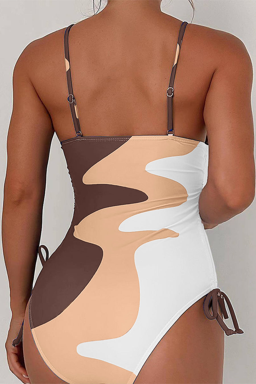 Khaki Printed Color Block Drawstring Sides One Piece Swimsuit