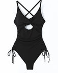 Black Ribbed Sexy Cutout One Piece Swimsuit