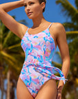 Pink Floral Print Knot High Waist One Piece Swimsuit