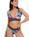 Green Tropical Floral Print Mesh Splicing Trim Bikini Swimsuit