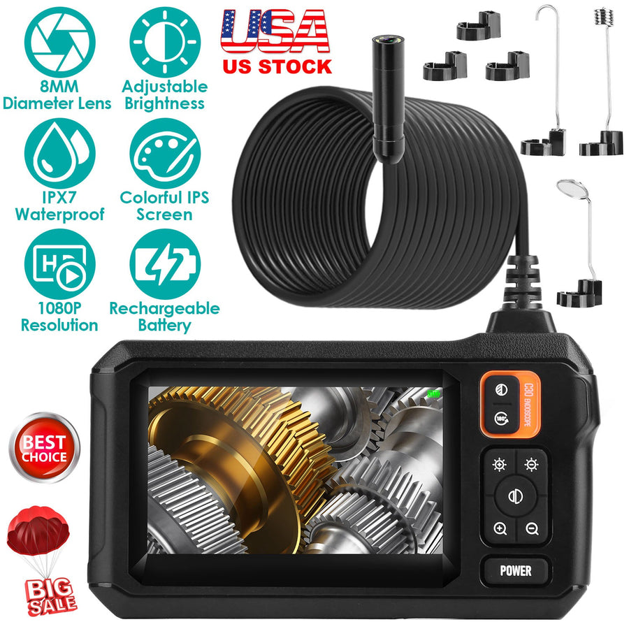 Industrial Endoscope Camera 1080P 4.3In Colorful IPS Screen 8mm IPX7 Waterproof Digital Snake Camera with 8Pcs LED Lights Inspection Camera with 16.4F