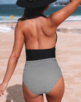 Black Retro Stripe V Neck Backless Halter One Piece Swimsuit