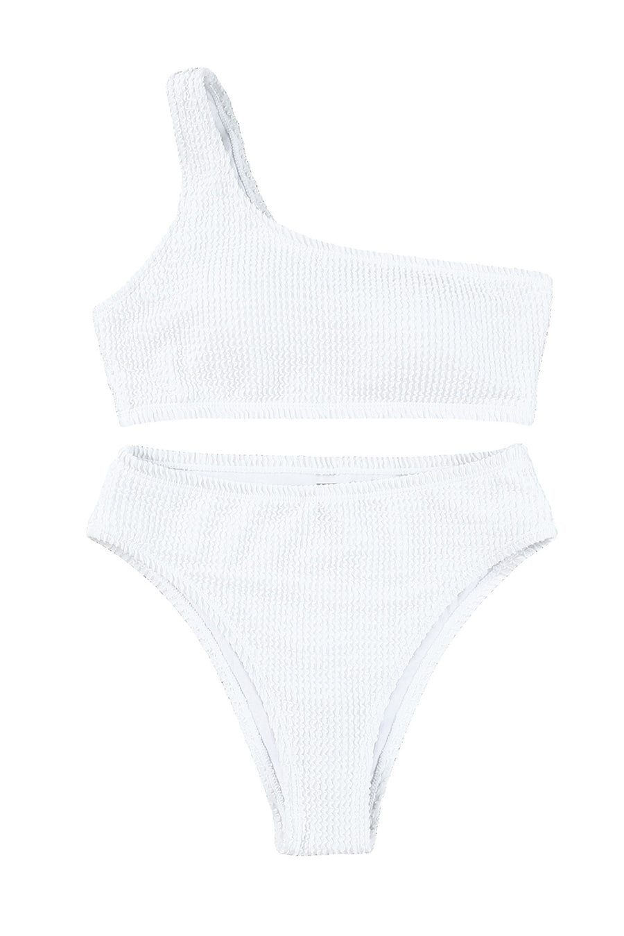 White Crinkle Textured Asymmetric Bikini Swimsuit