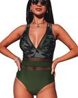 Army Green Camo Patchwork Deep V Neck One Piece Swimsuit