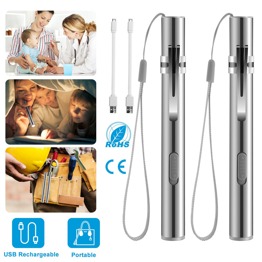 2Pcs Inspection Penlight for Nurses 250 Lumens Rechargeable Stainless Steel LED Flashlight Repair Water-Resistant for Medical Students Doctors