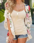 Beige Floral Print Scalloped Lace Splicing Kimono