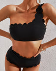 Black Sexy Scalloped Trim Asymmetrical Neck High Waist Bikini Set