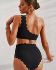 Black Sexy Scalloped Trim Asymmetrical Neck High Waist Bikini Set