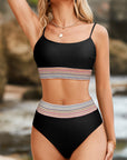 Black Striped Patchwork Spaghetti Strap High Waist Bikini Set