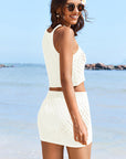 White Hollowed Crochet Cropped Two Piece Beach Cover Up