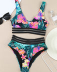 Green Tropical Floral Print Mesh Splicing Trim Bikini Swimsuit