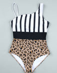 Leopard Striped Colorblock Asymmetrical Sleeveless One Piece Swimsuit