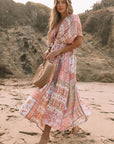 Red Boho Print Deep V Kimono Sleeves Beach Dress With Split