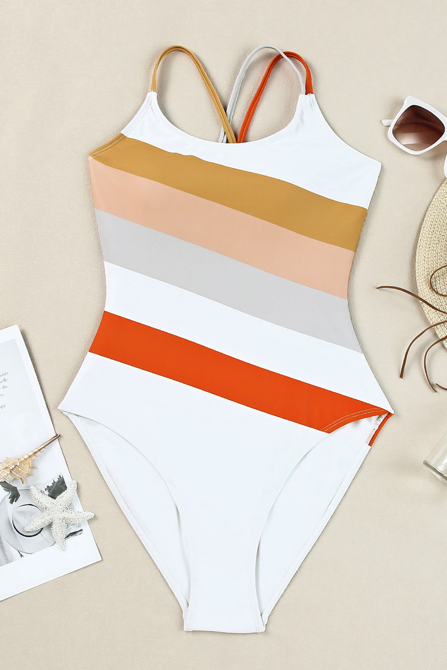 Multicolor Striped Criss Cross Backless One Piece Swimsuit  Dive into Summer in Style