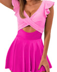 Bright Pink Cut Out Ruffle Crossed One Piece Swimdress