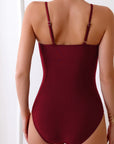 Burgundy Spaghetti Straps Metal V Decor One-Piece Swimsuit