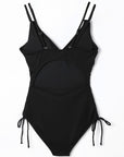 Black Adjustable Straps Ribbed Knit Backless One Piece Swimsuit