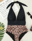 Black Leopard Colorblock Deep V Neck Halter One Piece Swimsuit