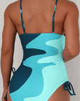 Khaki Printed Color Block Drawstring Sides One Piece Swimsuit