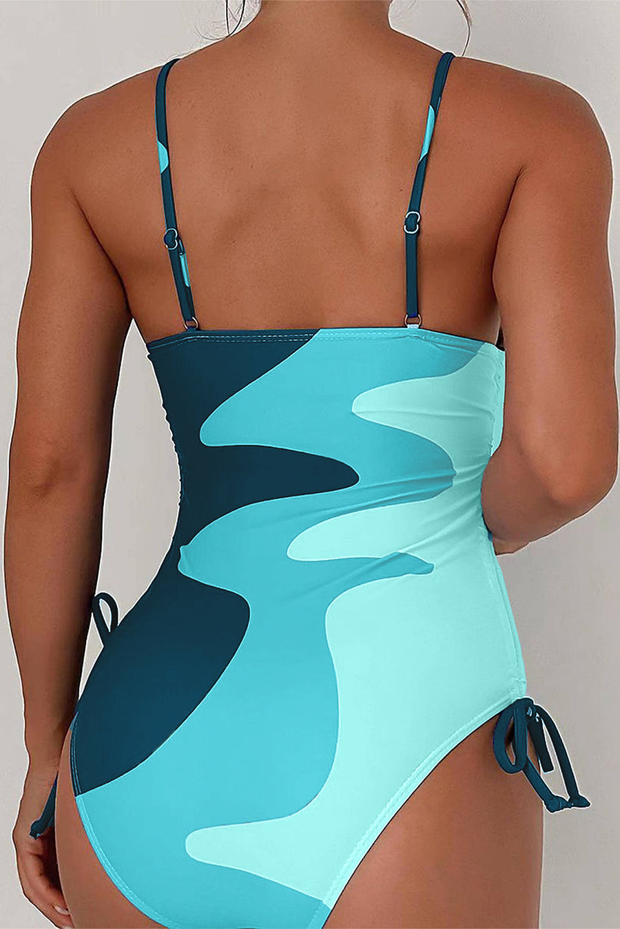 Khaki Printed Color Block Drawstring Sides One Piece Swimsuit