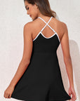 Black Sporty Ribbed Spaghetti Straps One Piece Swimdress