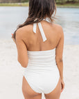 White Solid Halter Backless One Piece Swimsuit