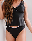 Black Colorblock Scalloped V Neck Tankini Swimsuit