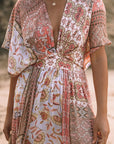 Red Boho Print Deep V Kimono Sleeves Beach Dress With Split