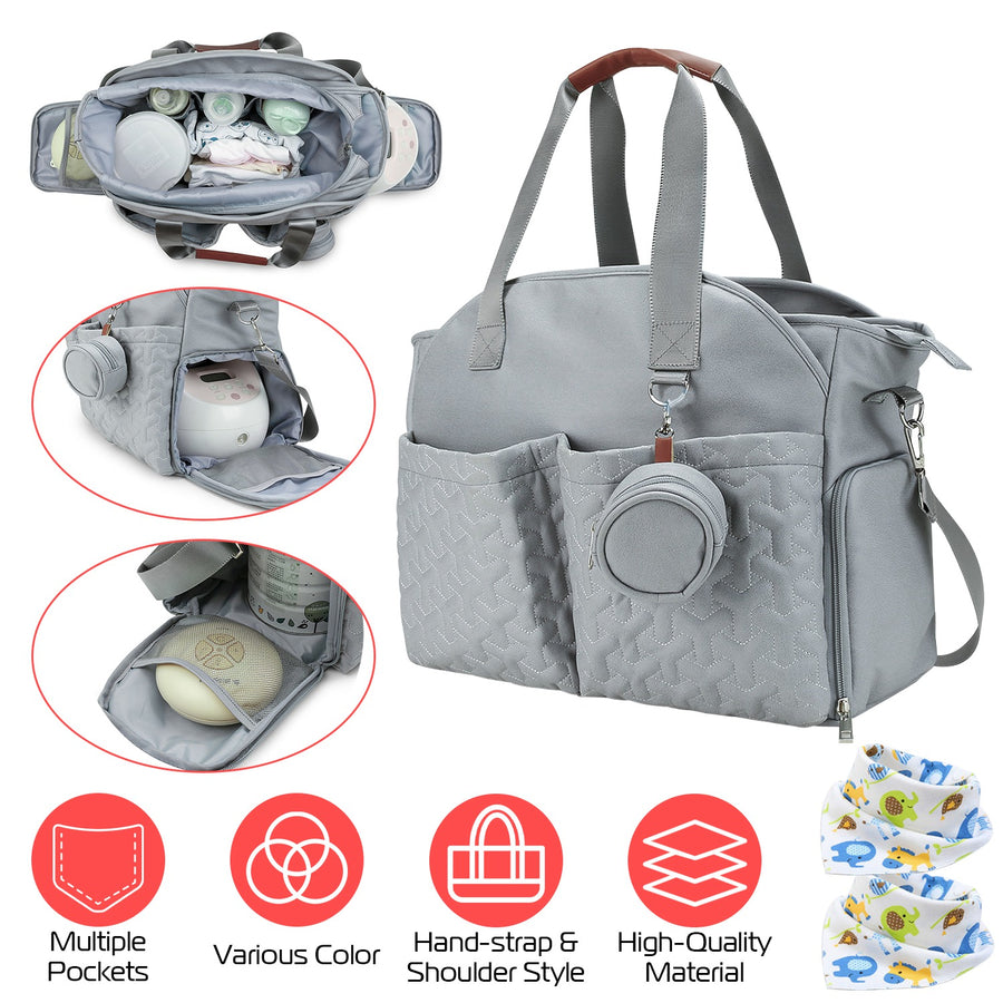 Breast Pump Bag Diaper Tote Bag with Detachable Shoulder Strap Side Pocket Free Baby Bibs Compatible with Spectra S1 S2 Medela