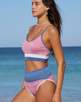 Women Striped Pink Colorblock Spaghetti Straps Ribbed High Waist Bikini Swimsuit