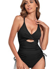 Black Ribbed Sexy Cutout One Piece Swimsuit