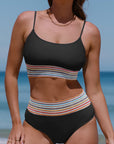 Black Striped Patchwork Spaghetti Strap High Waist Bikini Set