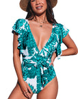 Green Deep V Neck Floral Print Ruffles One Piece Swimsuit