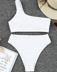 White Crinkle Textured Asymmetric Bikini Swimsuit