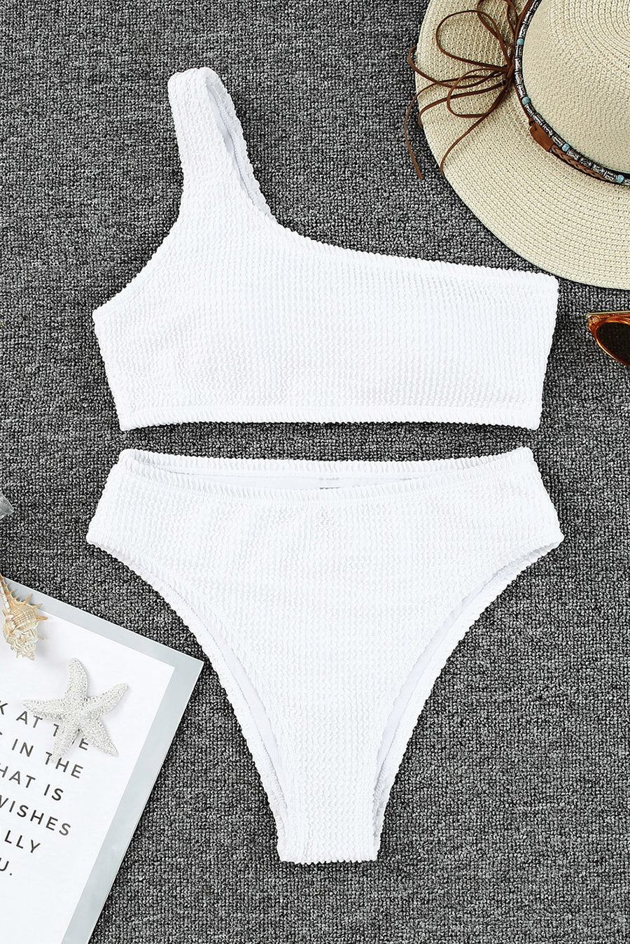 White Crinkle Textured Asymmetric Bikini Swimsuit