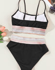 Black Striped Patchwork Spaghetti Strap High Waist Bikini Set