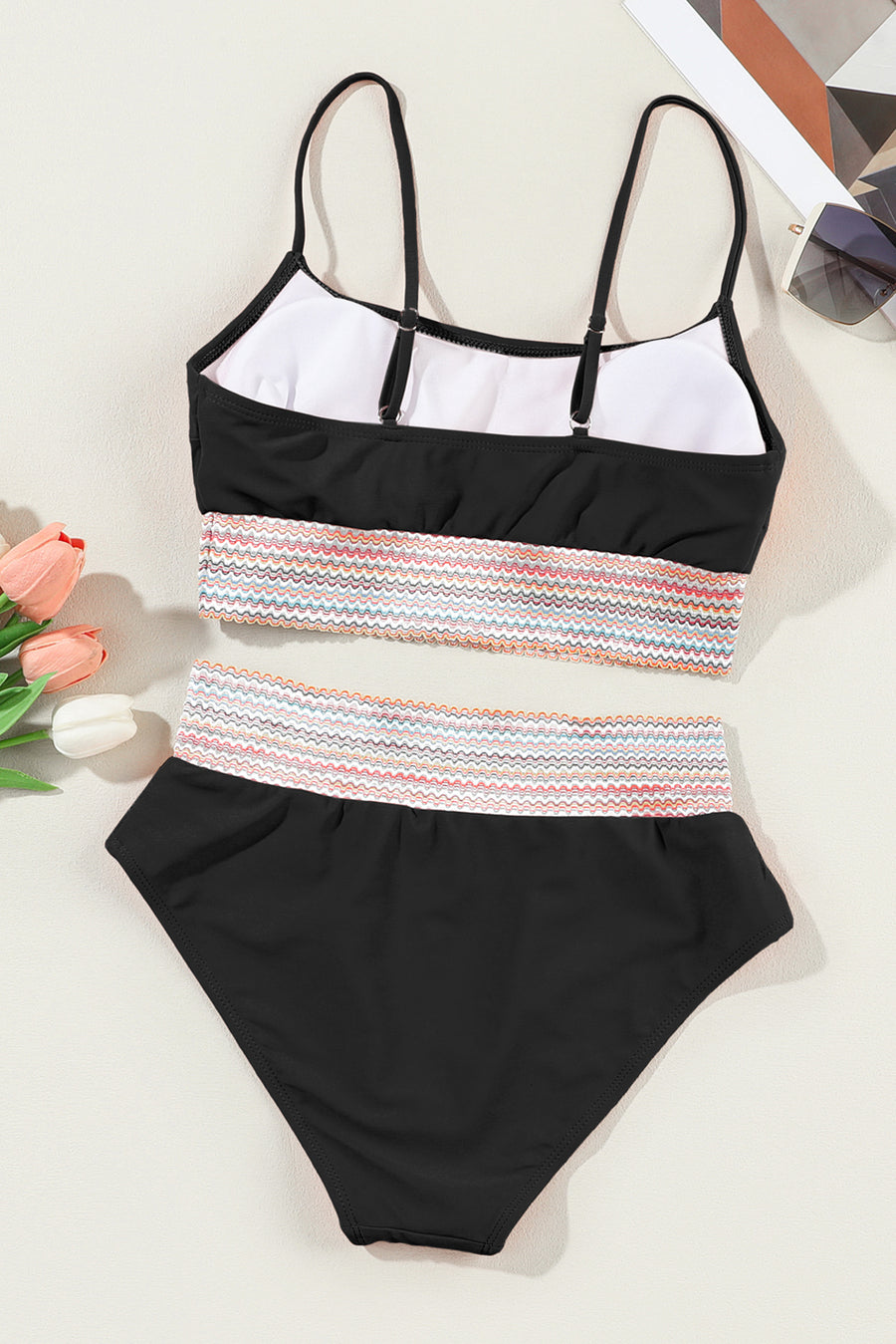 Black Striped Patchwork Spaghetti Strap High Waist Bikini Set