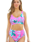 Women Swimsuit Rose Tropical Scoop Neck Ribbed High Waist Bikini Set Two Piece High Waisted Print Bathing Suit