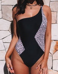 Black Leopard Splice One Shoulder One Piece Swimsuit