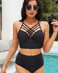 Black Strappy Neck Detail High Waist Swimsuit