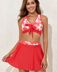 Fiery Red 3pcs Flower Printed Crossed Top and A Line Skirt Bikini Set