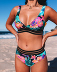 Green Tropical Floral Print Mesh Splicing Trim Bikini Swimsuit