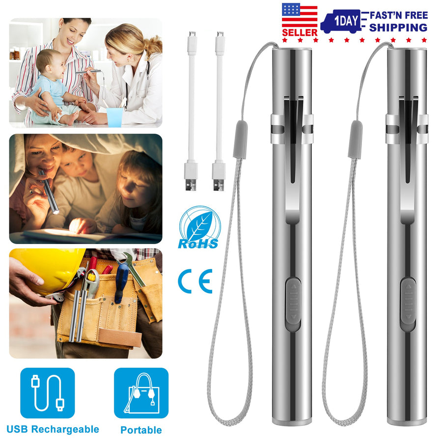 2Pcs Inspection Penlight for Nurses 250 Lumens Rechargeable Stainless Steel LED Flashlight Repair Water-Resistant for Medical Students Doctors