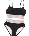 Black Striped Patchwork Spaghetti Strap High Waist Bikini Set