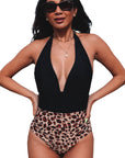 Black Leopard Colorblock Deep V Neck Halter One Piece Swimsuit