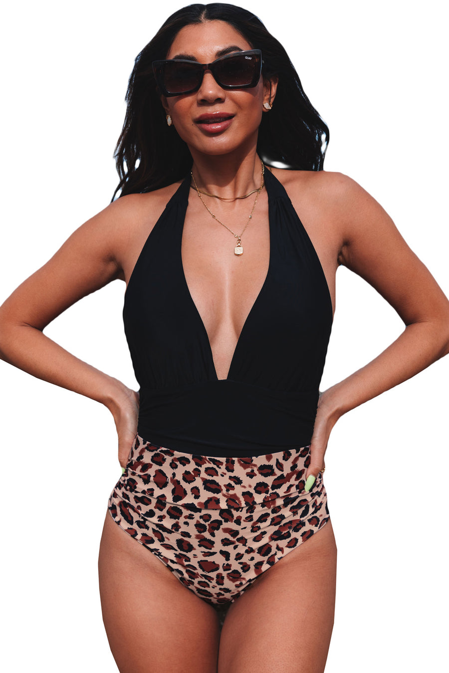 Black Leopard Colorblock Deep V Neck Halter One Piece Swimsuit